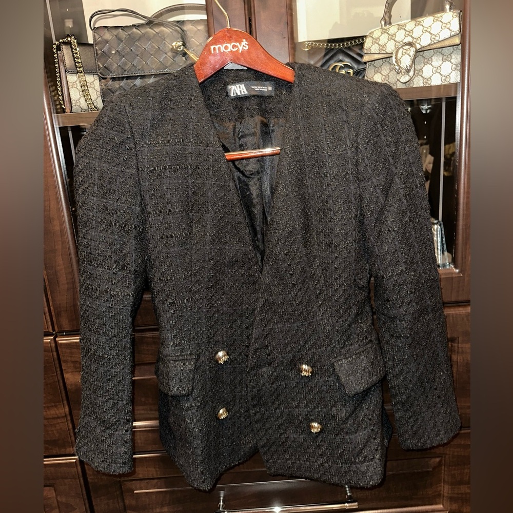 Zara Textured Black Blazer with Gold Buttons